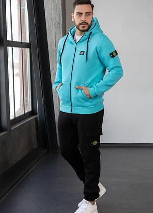 Чоловічий зимовий спортивний костюм stone island бірюзовий комплект стон айленд теплий на флісі (bon)