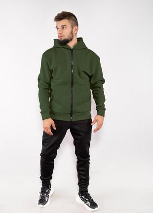 Мужская зимняя толстовка на молнии хаки с капюшоном зип худи на флисе   (bon)