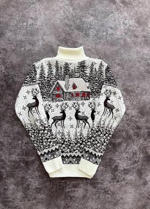 Чоловічий зимовий новорічний светр білий з оленями під горло вовняний кофта з новорічним принтом (bon)