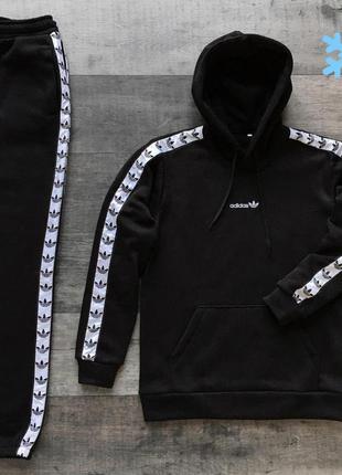 Чоловічий зимовий спортивний костюм adidas на флісі жовтогарячий із чорним із лампасами адідас теплий тринитка (bon)