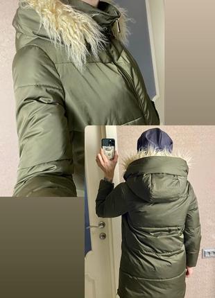 Зимняя удлиненная курточка бренда deha, теплая курточка с объемным капюшоном из искусственного меха.6 фото