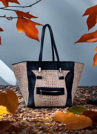 Сумка жіноча шкіряна зі вставкою під крокодила з натуральної шкіри