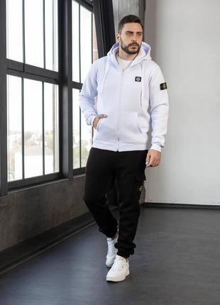 Чоловічий зимовий спортивний костюм stone island чорний комплект стон айленд теплий на флі...