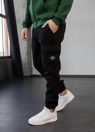 Чоловічий зимовий спортивний костюм stone island чорний комплект стон айленд теплий на флі...