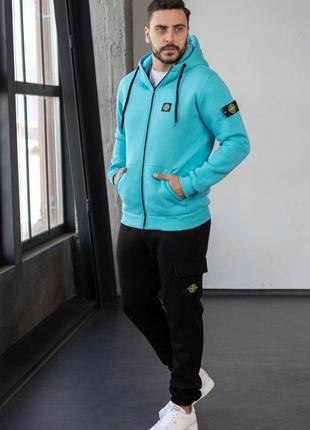 Чоловічий зимовий спортивний костюм stone island чорний комплект стон айленд теплий на флі...