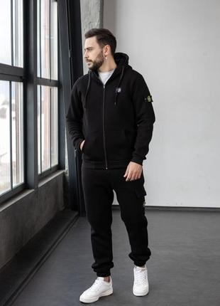 Чоловічий зимовий спортивний костюм stone island чорний комплект стон айленд теплий на флі...