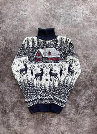 Чоловічий зимовий новорічний светр джинсовий з оленями під горло вовняна кофта з новорічним принтом (bon)