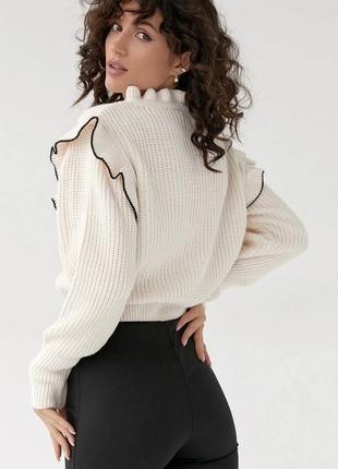 Шикарный тёплый свитер с рюшами с оборками в ретро стиле с бантиком с воротничком бежевый с ажурным плетением трикотажный кофта блуза5 фото