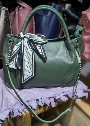 Сумка кожаная на длинной ручке зеленая👍