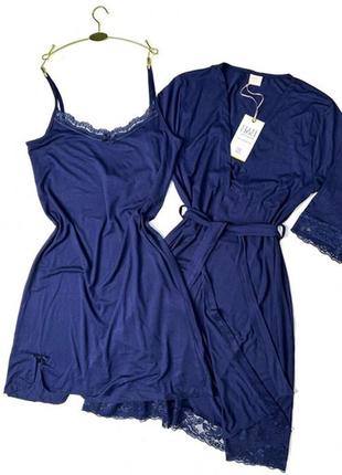 Нічна сорочка жіноча з халатом темно-синя 14120