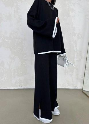 Костюм женский теплый оверсайз свитшот брюки свободного кроя на высокой посадке с разрезами качественный черный серый