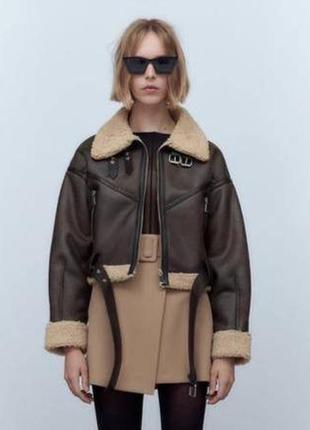 Короткая коричневая куртка авиатор zara-xs-l.пуффер,дубленка,косуха4 фото