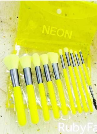 Набор неоновых кисточек для макияжа с косметичкой ruby face neon лимонный3 фото
