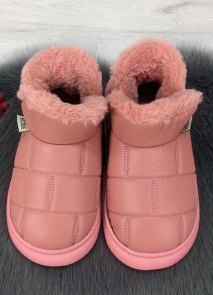 Тапочки чуні жіночі високі еко-шкіра пудрові на хутрі 4293