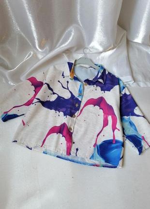Літня сорочка оверсайз укорочена з фактурної лляної тканини виробник туреччина цікавий принт ляпки р1 фото