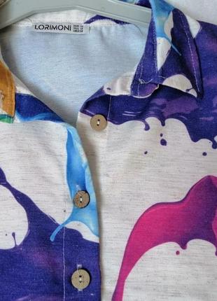 Літня сорочка оверсайз укорочена з фактурної лляної тканини виробник туреччина цікавий принт ляпки р6 фото