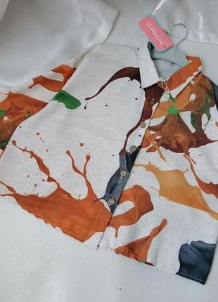 Літня сорочка оверсайз укорочена з фактурної лляної тканини виробник туреччина цікавий принт ляпки р