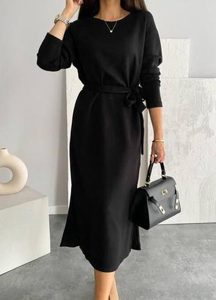 Платье миди однонтонное на длинный рукав свободного кроя с поясом качественная стильная трендовая черная бежевая