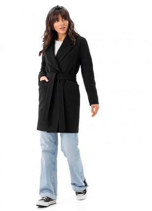 Пальто женское зимнее утепленное оверсайз кашемировое шерстяное средней длины с поясом бренд, черное4 фото