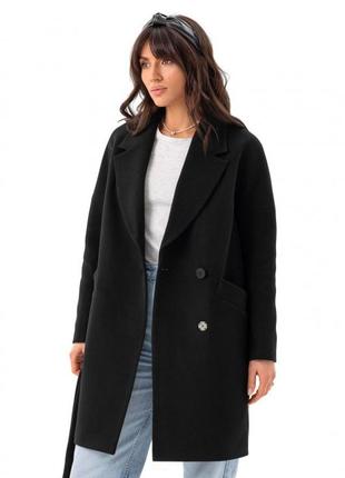 Пальто женское зимнее утепленное оверсайз кашемировое шерстяное средней длины с поясом бренд, черное2 фото