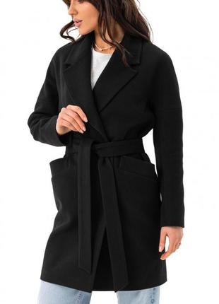 Пальто женское зимнее утепленное оверсайз кашемировое шерстяное средней длины с поясом бренд, черное3 фото