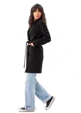 Пальто женское зимнее утепленное оверсайз кашемировое шерстяное средней длины с поясом бренд, черное6 фото