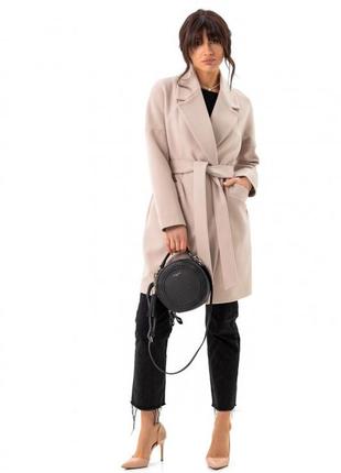 Пальто женское зимнее утепленное оверсайз кашемировое шерстяное средней длины с поясом бренд бежевое2 фото