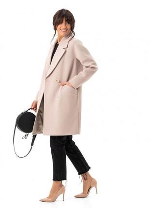 Пальто женское зимнее утепленное оверсайз кашемировое шерстяное средней длины с поясом бренд бежевое3 фото