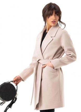 Пальто женское зимнее утепленное оверсайз кашемировое шерстяное средней длины с поясом бренд бежевое6 фото