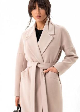 Пальто женское зимнее утепленное оверсайз кашемировое шерстяное средней длины с поясом бренд бежевое10 фото