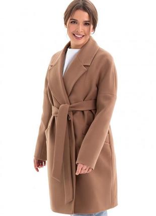 Пальто женское зимнее утепленное оверсайз кашемировое шерстяное средней длины с поясом бренд кэмел