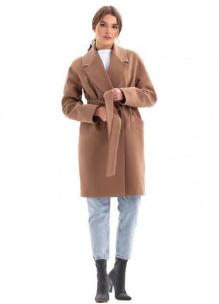 Пальто женское зимнее утепленное оверсайз кашемировое шерстяное средней длины с поясом бренд кэмел5 фото