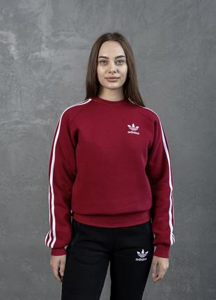 Кофта женская зимняя adidas теплая с начесом бордовая | свитшот женский адидас толстовка на флисе зима