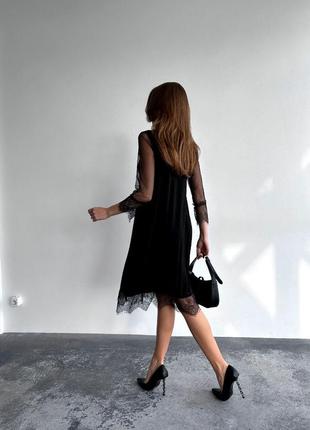 Платье короткое однонтонное на длинный рукав с кружевом качественное стильное черное серебристое3 фото