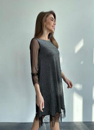 Платье короткое однонтонное на длинный рукав с кружевом качественное стильное черное серебристое6 фото