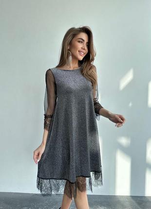 Платье короткое однонтонное на длинный рукав с кружевом качественное стильное черное серебристое9 фото
