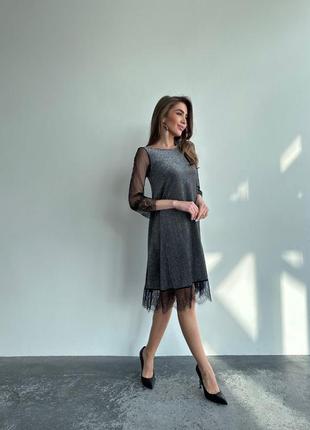 Платье короткое однонтонное на длинный рукав с кружевом качественное стильное черное серебристое7 фото