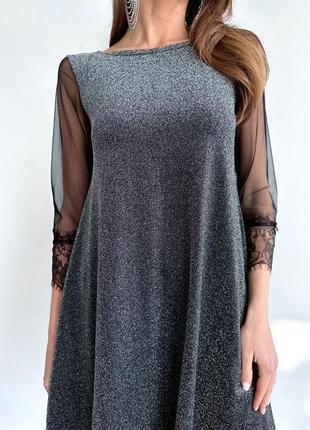 Платье короткое однонтонное на длинный рукав с кружевом качественное стильное черное серебристое10 фото