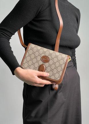 Жіноча сумка крос боді кисет натуральна шкіра gucci mini текстиль на ремінцю8 фото