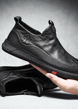 Сникерсы мужские кожаные черные изготовлены ​​из качественной экокожи 44р