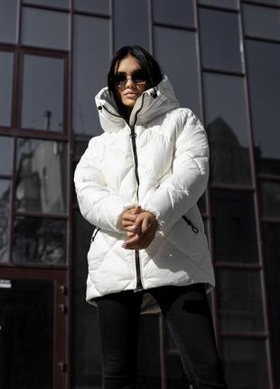 Куртка женская зимняя, утепленная, с капюшоном, стеганая, молочная, пуховик женский молочный4 фото