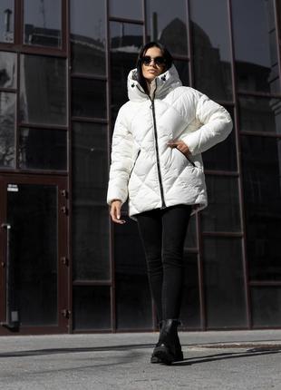 Куртка женская зимняя, утепленная, с капюшоном, стеганая, молочная, пуховик женский молочный5 фото
