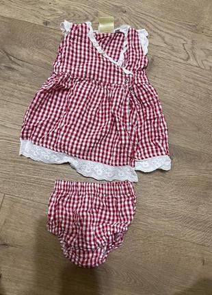 Набор костюм платье сарафан и блумеры в клетку красная белая на запах