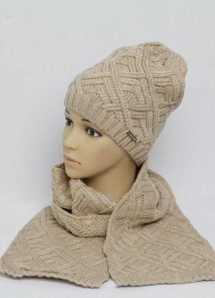 Зимняя шапка+шарф комплект ар09 беж1 фото