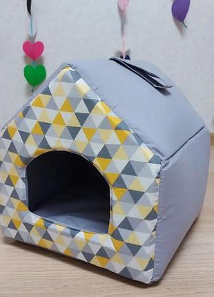 Домик для собак и кошек,лежанка,сумка-переноска для собак и кошек желтые ромбы1 фото