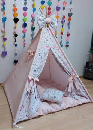 Детский домик вигвам- балерина на розовом  ( мягкий коврик,подушки квадрат ) палатка купить вигвам )2 фото
