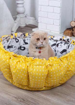 Лежанка для кота та собаки кошик колір жовтий/білий1 фото