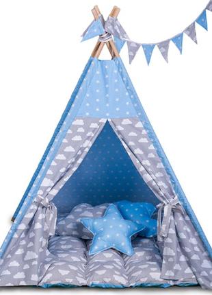 Вигвам ,детский домик вигвам , палатка комплект облака с мягким ковриком купить вигвам1 фото
