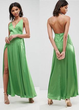 Роскошное сатиновое платье, цвет цветущая зелень! глубокий разрез, шёлковая ткань,