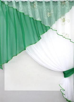 Шторки на кухню з підв'язками (270х170см). колір зелений з білим